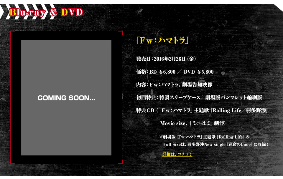 「Fw：ハマトラ」　発売日：2016年2月26日（金） 価格：BD￥6,800／DVD￥5,800　内容：FW：ハマトラ、劇場告知映像　初回特典：特製スリーブケース／劇場版パンフレット縮刷版　特典CD（「Fw：ハマトラ」主題歌『Rolling Life／羽多野渉』Movie size、「ミニはま」劇伴）