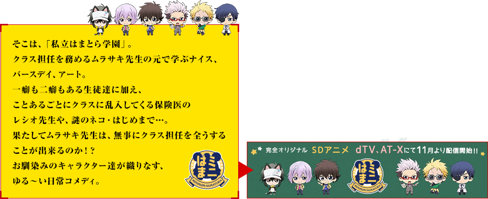 そこは、「私立はまとら学園」。クラス担任を務めるムラサキ先生の元で学ぶナイス、バースディ、アート。一癖も二癖もある生徒達に加え、ことあるごとにクラスに乱入してくる保険医のレシオ先生や、謎のネコ、はじめまで…。果たしてムラサキ先生は、無事にクラス担任を全うすることが出来るのか！？お馴染みのキャラクター達が織りなす、ゆる～い日常コメディ。